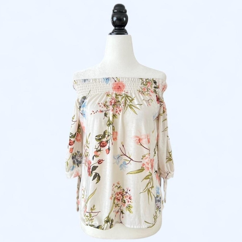 Suzy Shier Womens White Floral Print Off Shoulder Fairy Euro Summer Boho Top XS